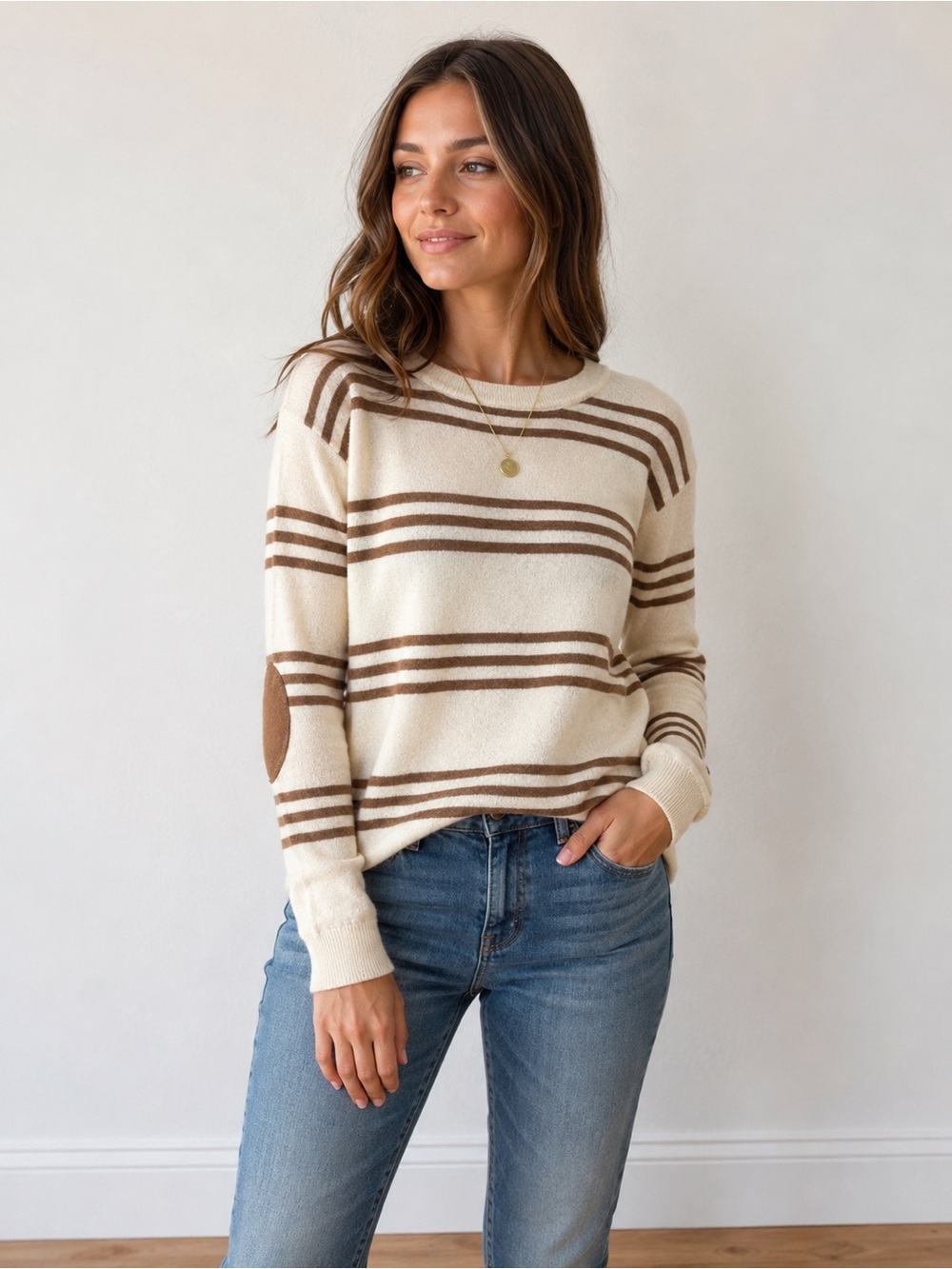 J.Crew Merino Wool Striped Elbow Patch Sweater Ivory Brown S